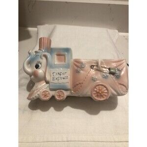 Vintage DIAPER EXPRESS Choo Choo Train Elephant Nursery Baby Planter Pink Blue
